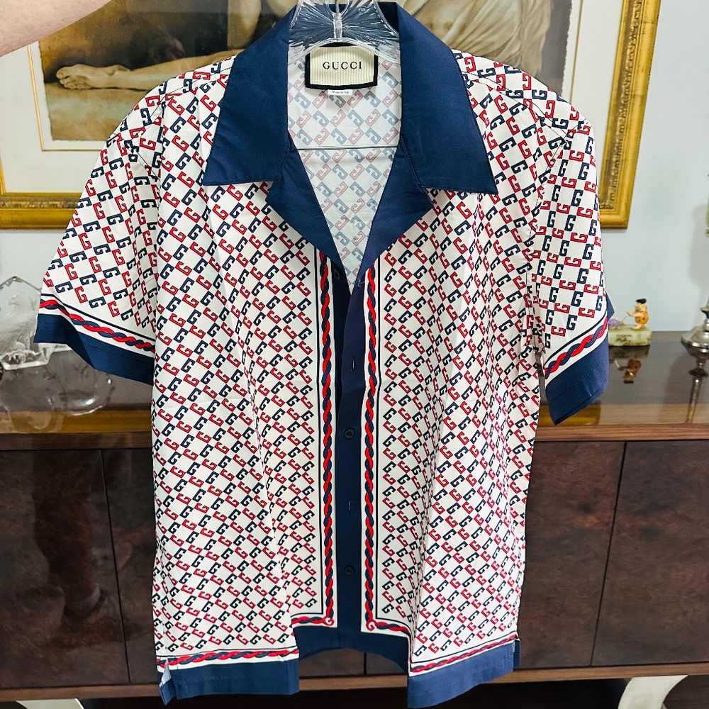 Gucci Silk Short Sleeve Shirt Mens L Slim Fit Made in Italy Pre Owned